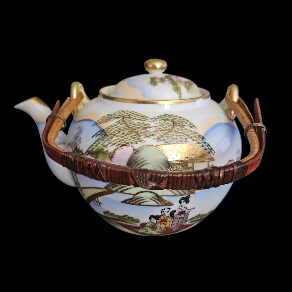 Antique Nippon Porcelain Teapot Bamboo Handle Landscape Gold Trim Infuser